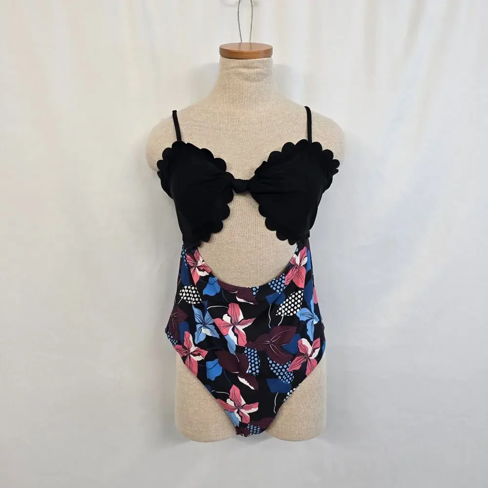 Cupshe One Piece Knotted Front Swimsuit Women's XXL Black Floral Scalloped NWOT